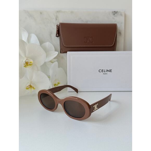 NEW Celine CL40194U Triomphe Brown Oval Sunglasses - Picture 3 of 10